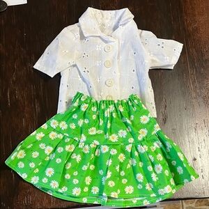 White Eyelet Button-Up Top with Green Daisy Skirt